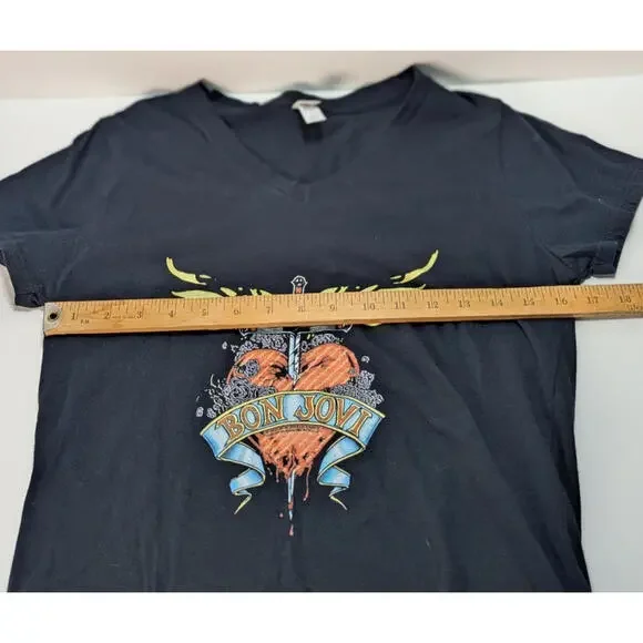 Womens Bon Jovi T-Shirt V Neck Bleeding Heart Wings Dagger Black Size L Rock - Picture 9 of 10